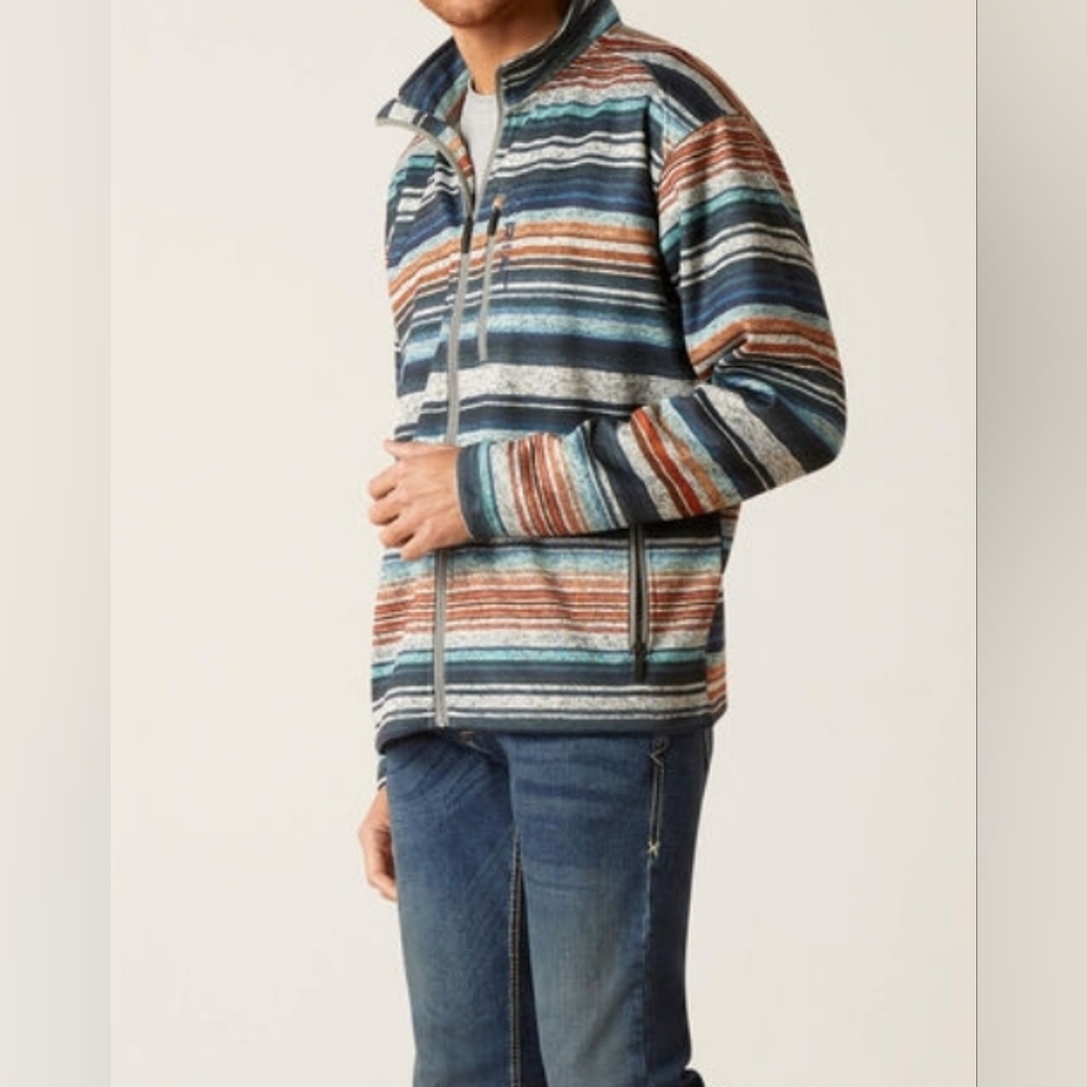 Ariat Caldwell full zip sweater blue orange grey stripes, size S